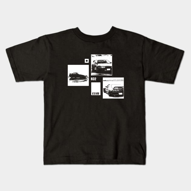 NISSAN SKYLINE GT-R R32 Black 'N White Archive (Black Version) Kids T-Shirt by Cero